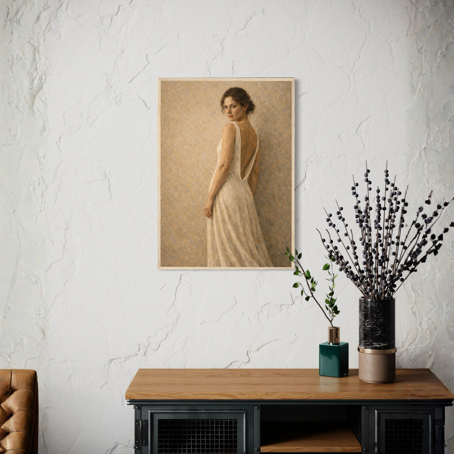 Framed art print titled "STILLNESS, HELD III — Turning" by LunarHeartCo, featuring abstract shapes and calming tones.