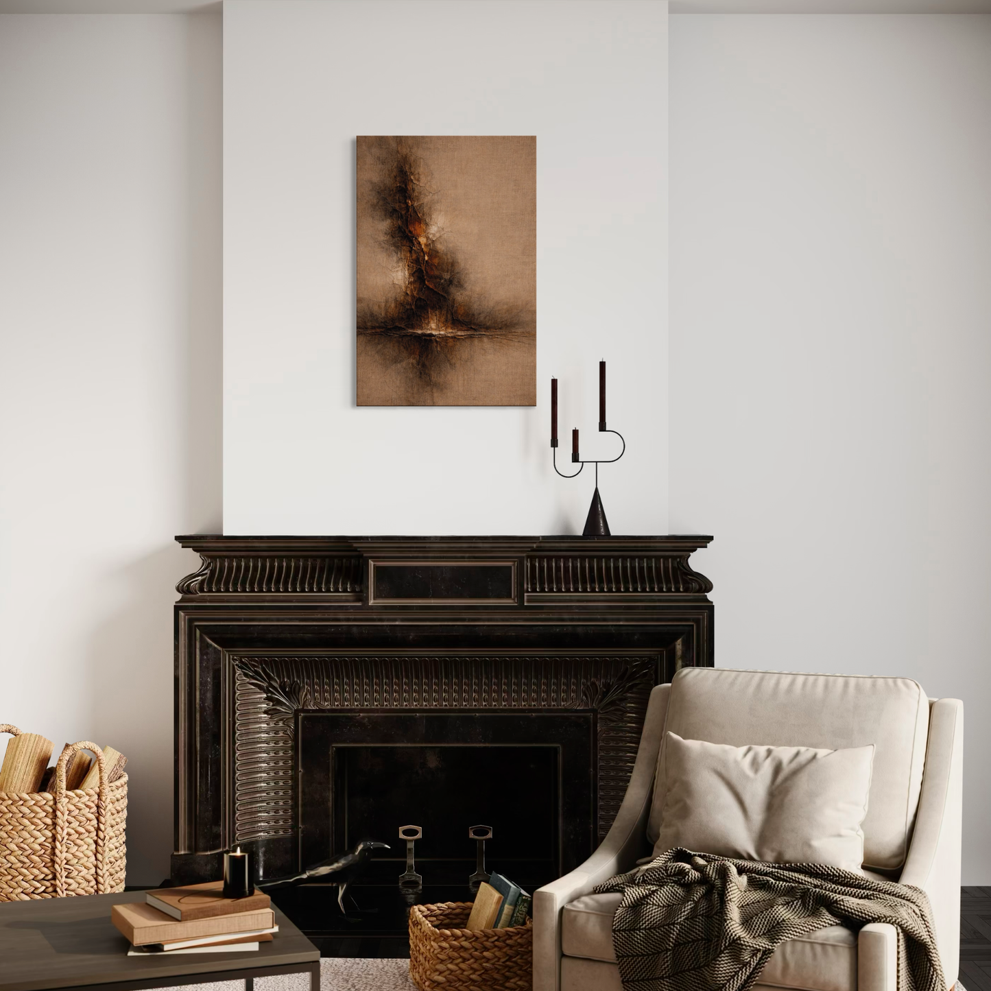 LunarHeartCo STRATA I vertical rupture canvas art featuring abstract geometric design in muted tones and textured finish.