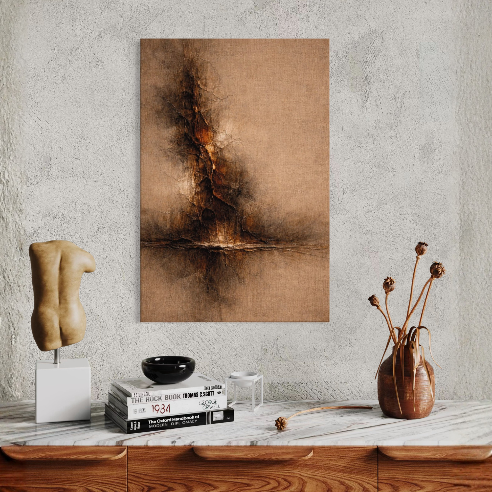 LunarHeartCo STRATA I vertical rupture canvas art featuring bold abstract design in earthy tones on stretched canvas.