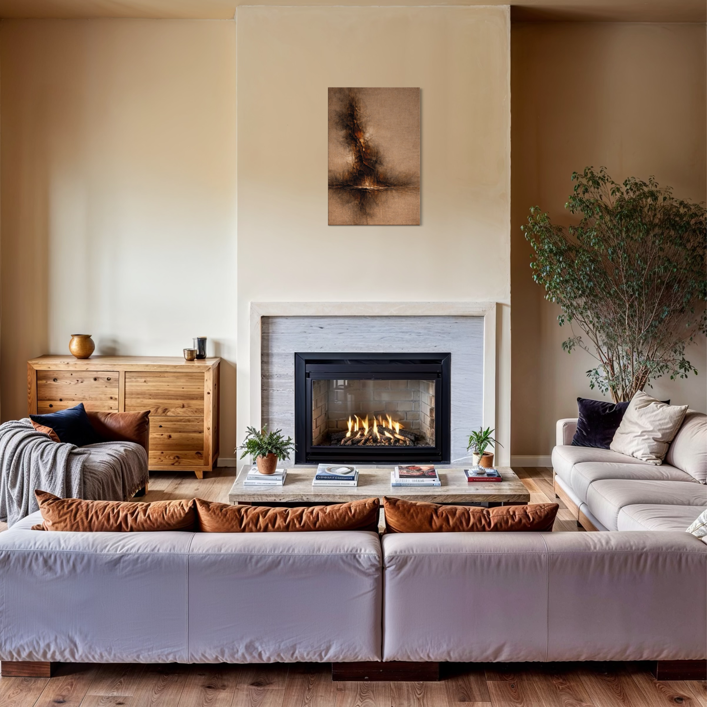 LunarHeartCo STRATA I vertical rupture canvas art featuring abstract, textured design in muted earth tones on canvas.