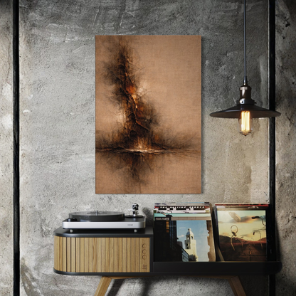 LunarHeartCo STRATA I vertical rupture canvas art with abstract layered design in muted tones on textured surface