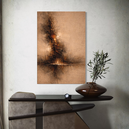 LunarHeartCo STRATA I vertical rupture canvas art with abstract, textured design in neutral tones on a white background.