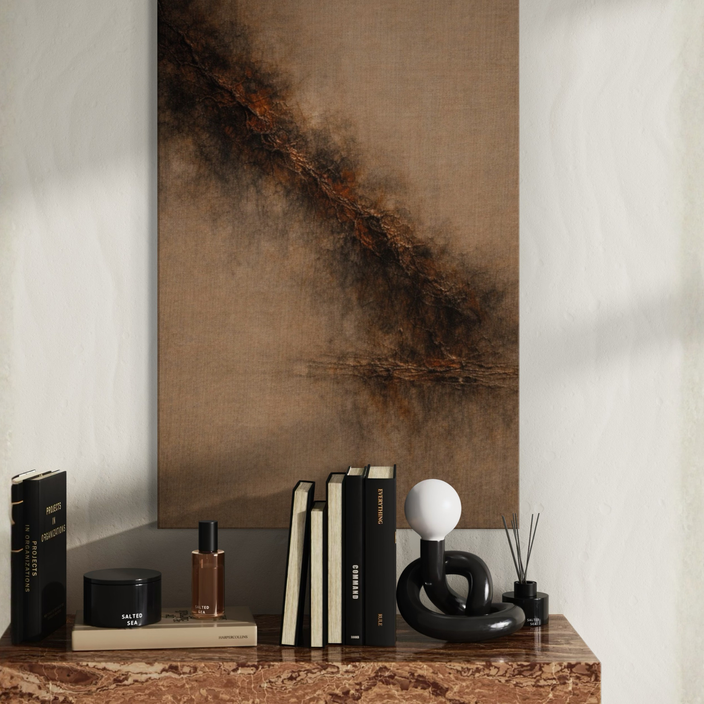 Diagonal shear canvas art piece from LunarHeartCo's STRATA II collection featuring abstract geometric shapes on textured surface.