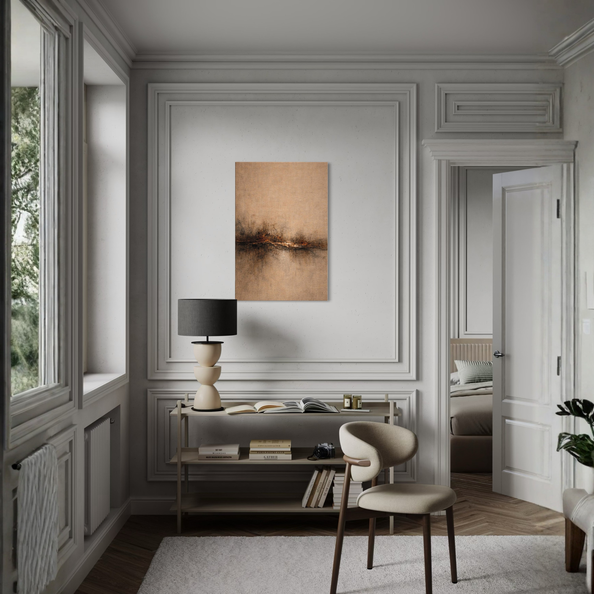 LunarHeartCo Horizon Fracture canvas art from the STRATA III collection, featuring abstract geometric design in neutral tones.