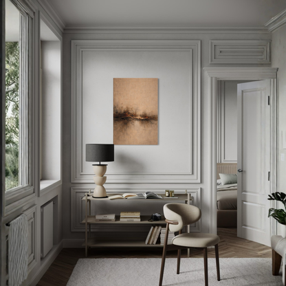 LunarHeartCo Horizon Fracture canvas art from the STRATA III collection, featuring abstract geometric design in neutral tones.