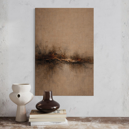 LunarHeartCo STRATA III Horizon Fracture canvas art featuring abstract, layered geometric design in neutral tones.