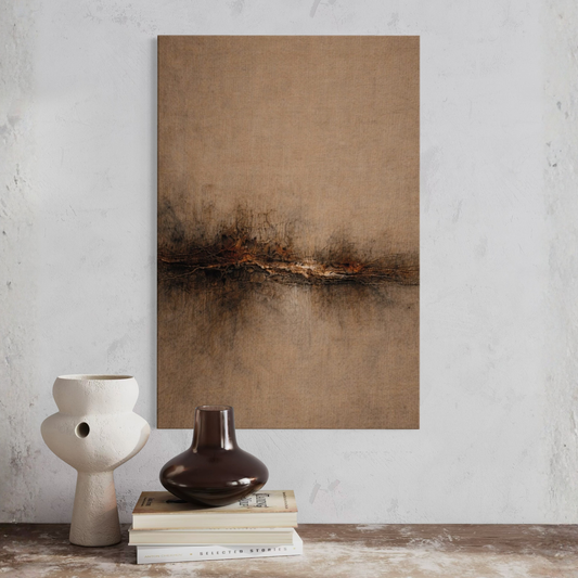 LunarHeartCo STRATA III Horizon Fracture canvas art featuring abstract, layered geometric design in neutral tones.