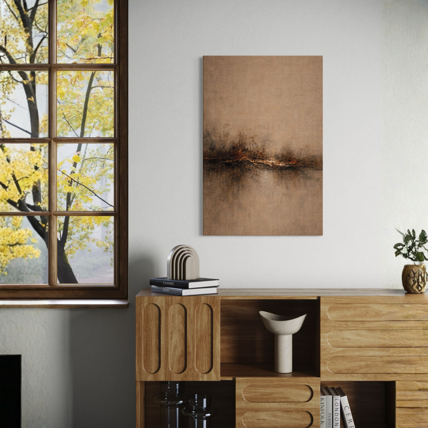 LunarHeartCo Strata III Horizon Fracture canvas art featuring abstract geometric design in muted tones.