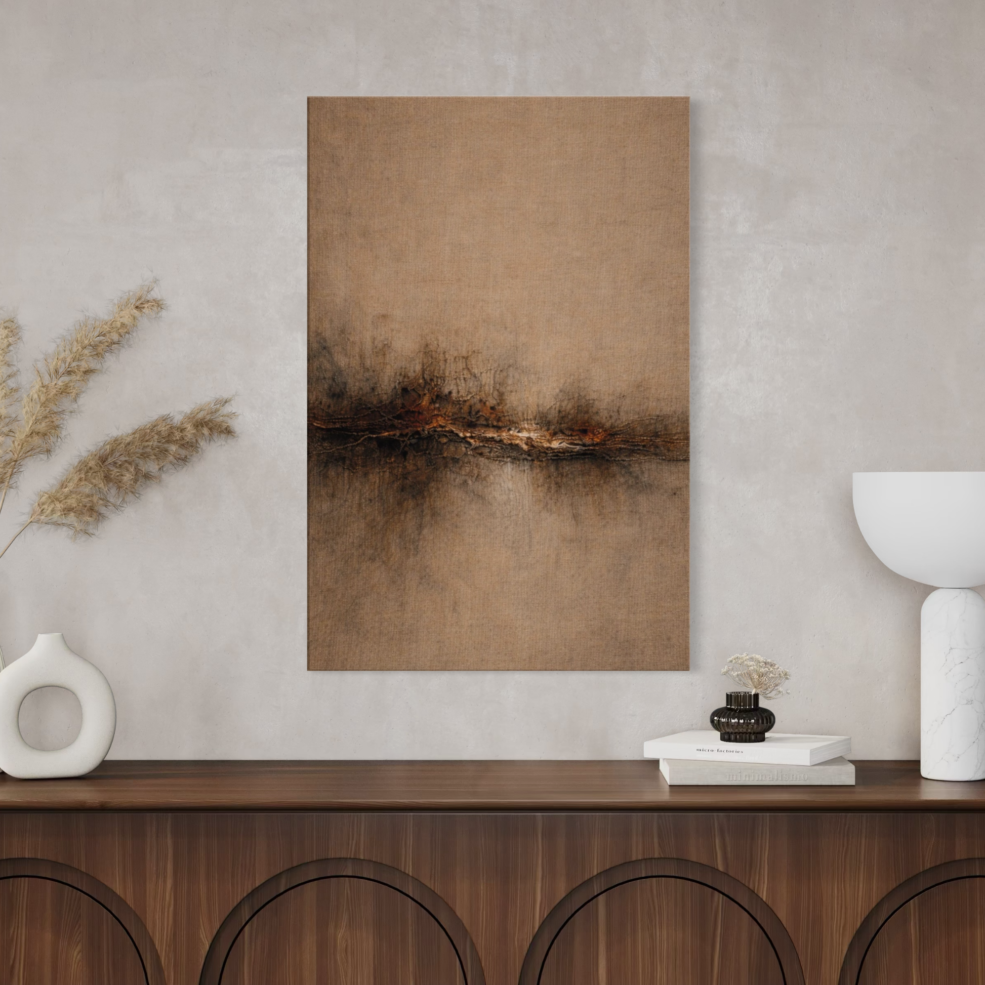 LunarHeartCo Strata III Horizon Fracture canvas art featuring abstract geometric design in muted tones.