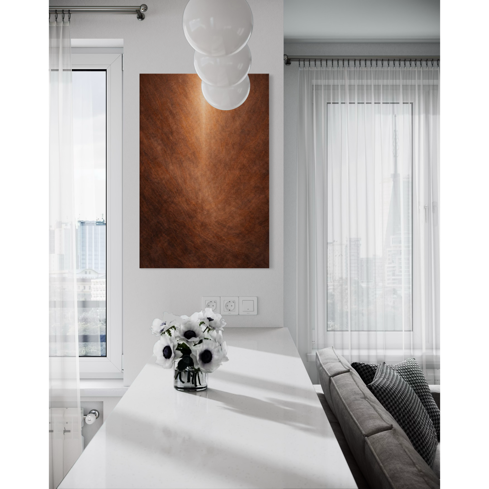 LunarHeartCo SEAM I vertical convergence canvas art featuring abstract geometric design in muted tones.