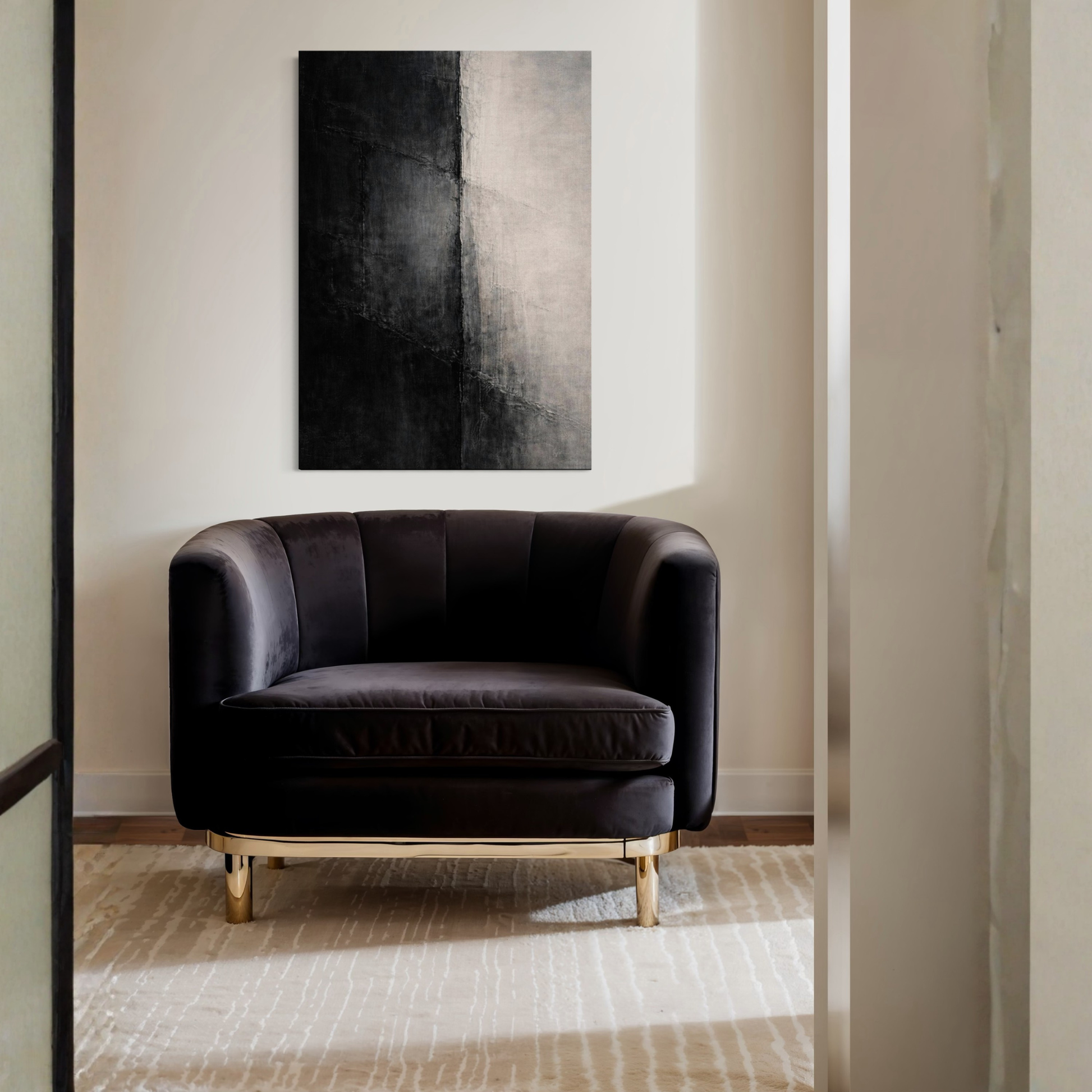 Vertical canvas art titled DIVIDE I by LunarHeartCo featuring abstract, bold black and white geometric shapes.