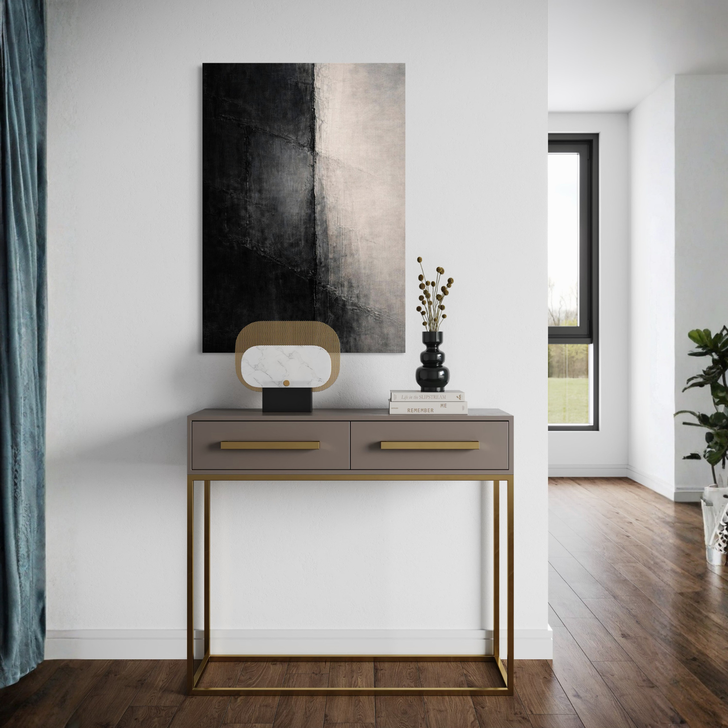 Vertical canvas art print titled "Divide I" by LunarHeartCo featuring abstract, textured design in cool tones.