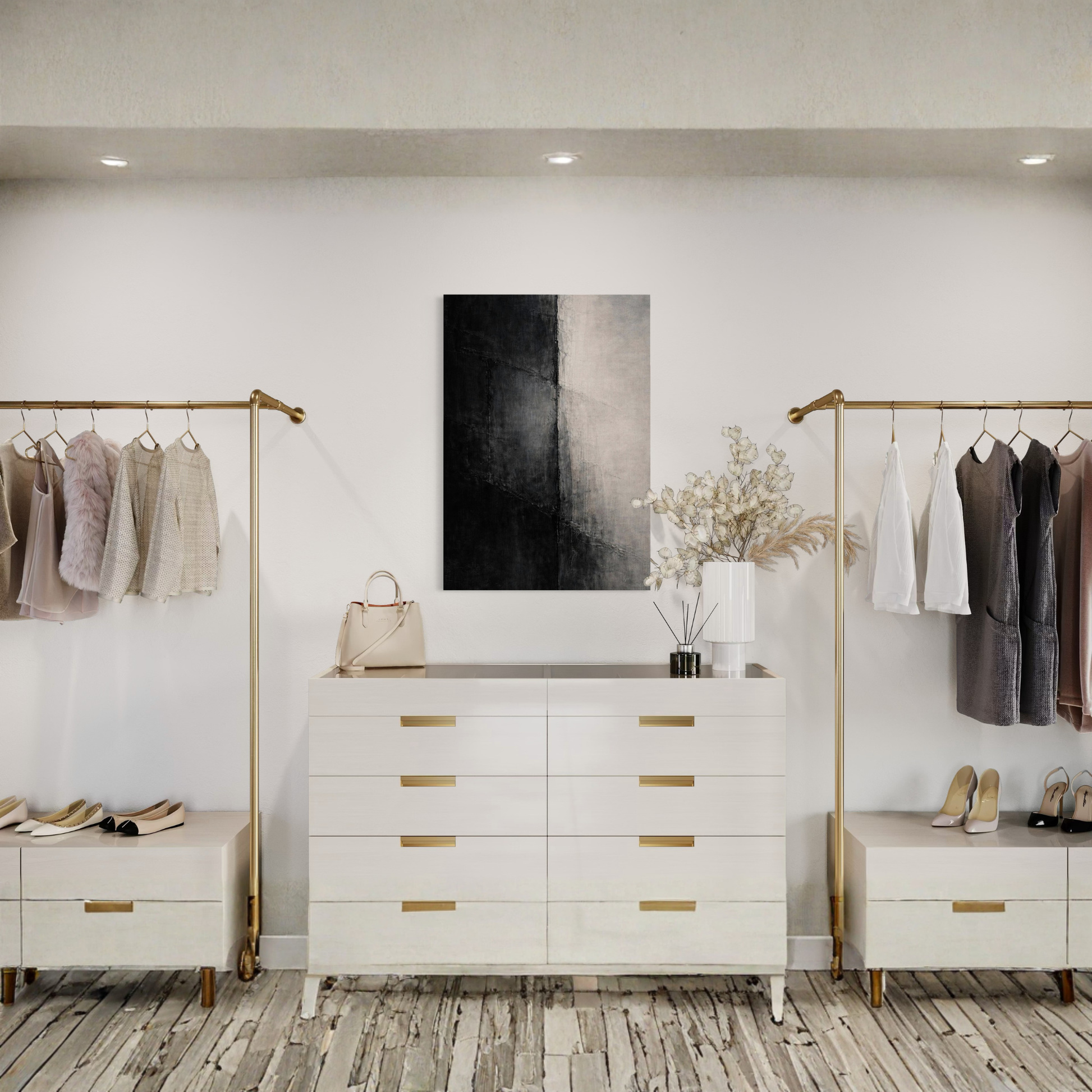Vertical canvas art print titled "Divide I" by LunarHeartCo featuring abstract, textured design in muted tones.