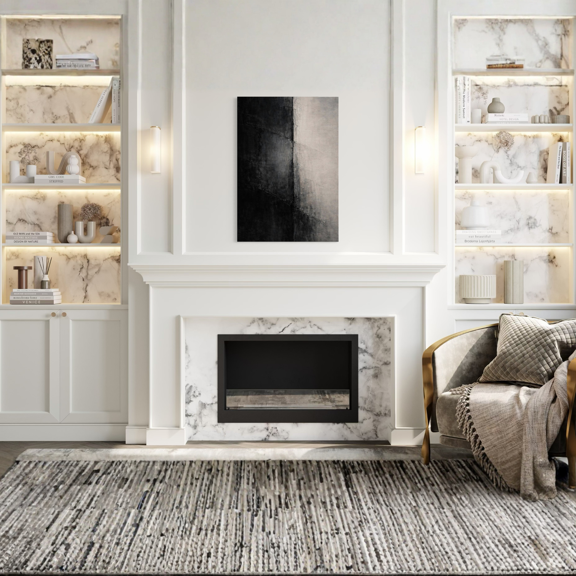 Vertical compression canvas art print titled "Divide I" by LunarHeartCo, featuring abstract geometric shapes in muted tones.