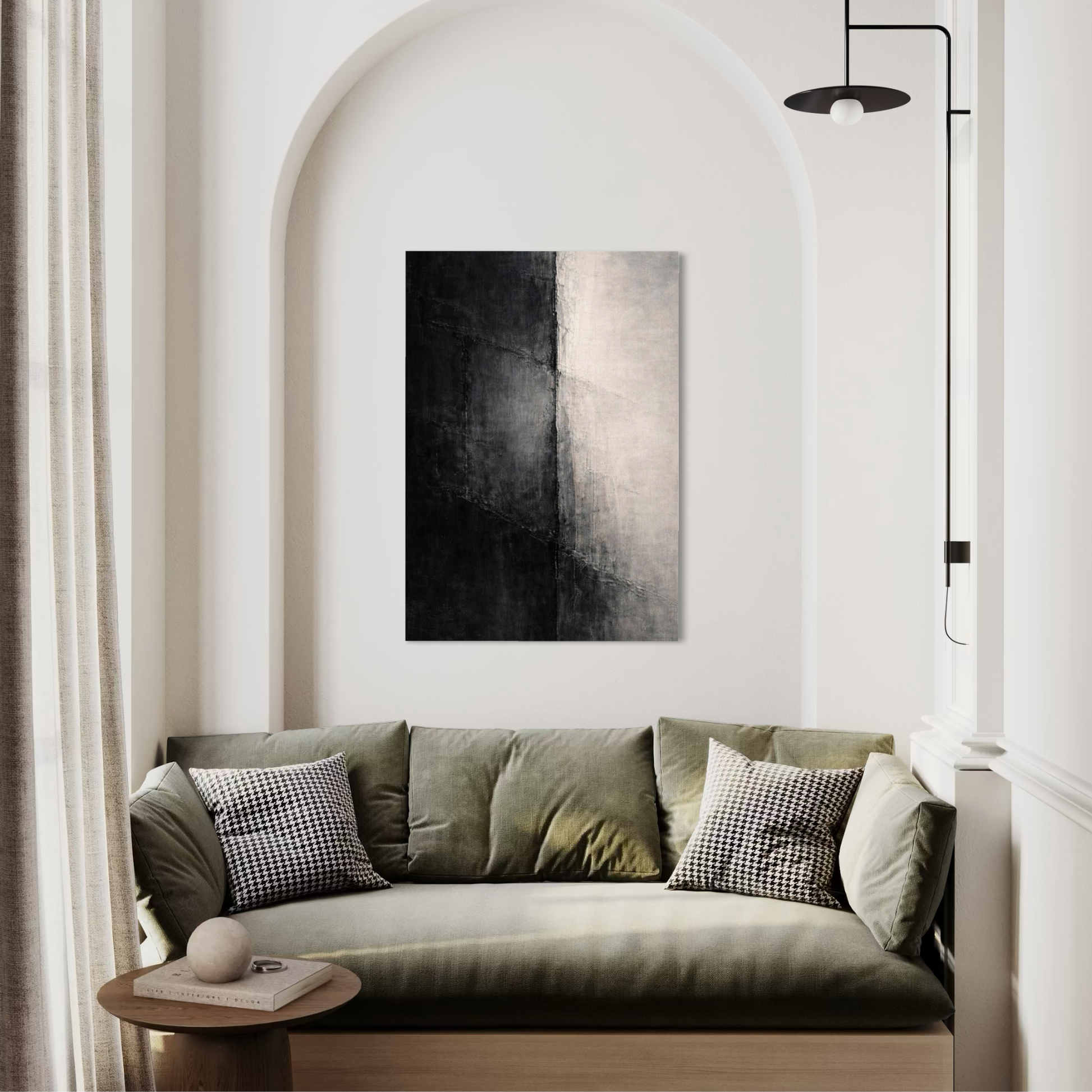 Vertical canvas art print titled DIVIDE I by LunarHeartCo, featuring abstract geometric design in shades of blue and gray.