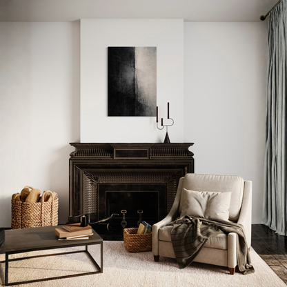 LunarHeartCo Divide I vertical compression canvas art featuring abstract geometric shapes in bold colors.
