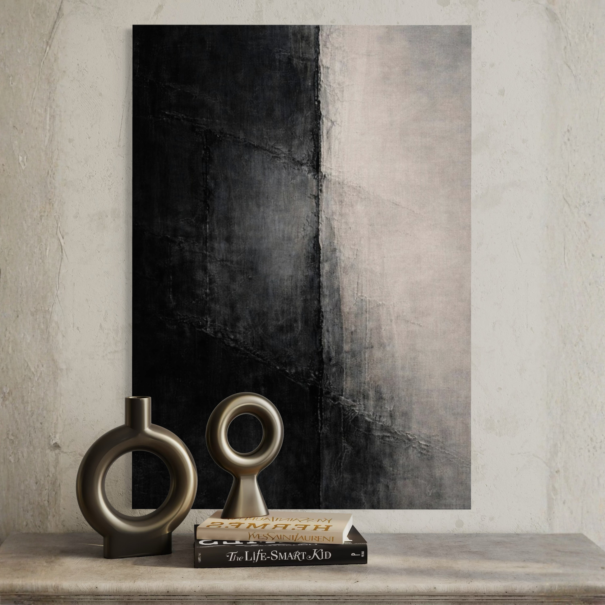 Vertical canvas art titled "Divide I" by LunarHeartCo featuring abstract, textured design in muted tones.