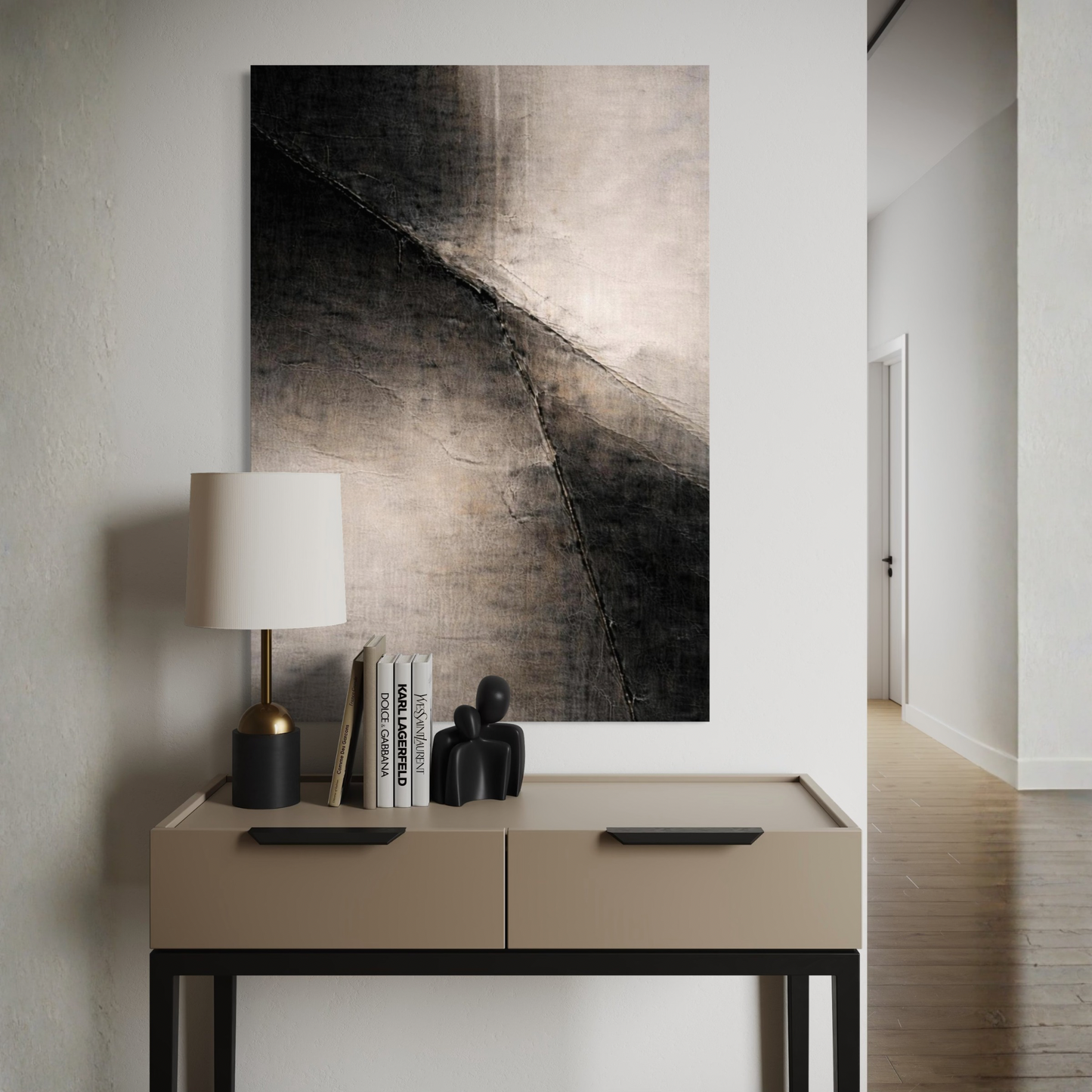 Diagonal displacement canvas art piece from LunarHeartCo's Divide II series, featuring abstract geometric design in neutral tones.