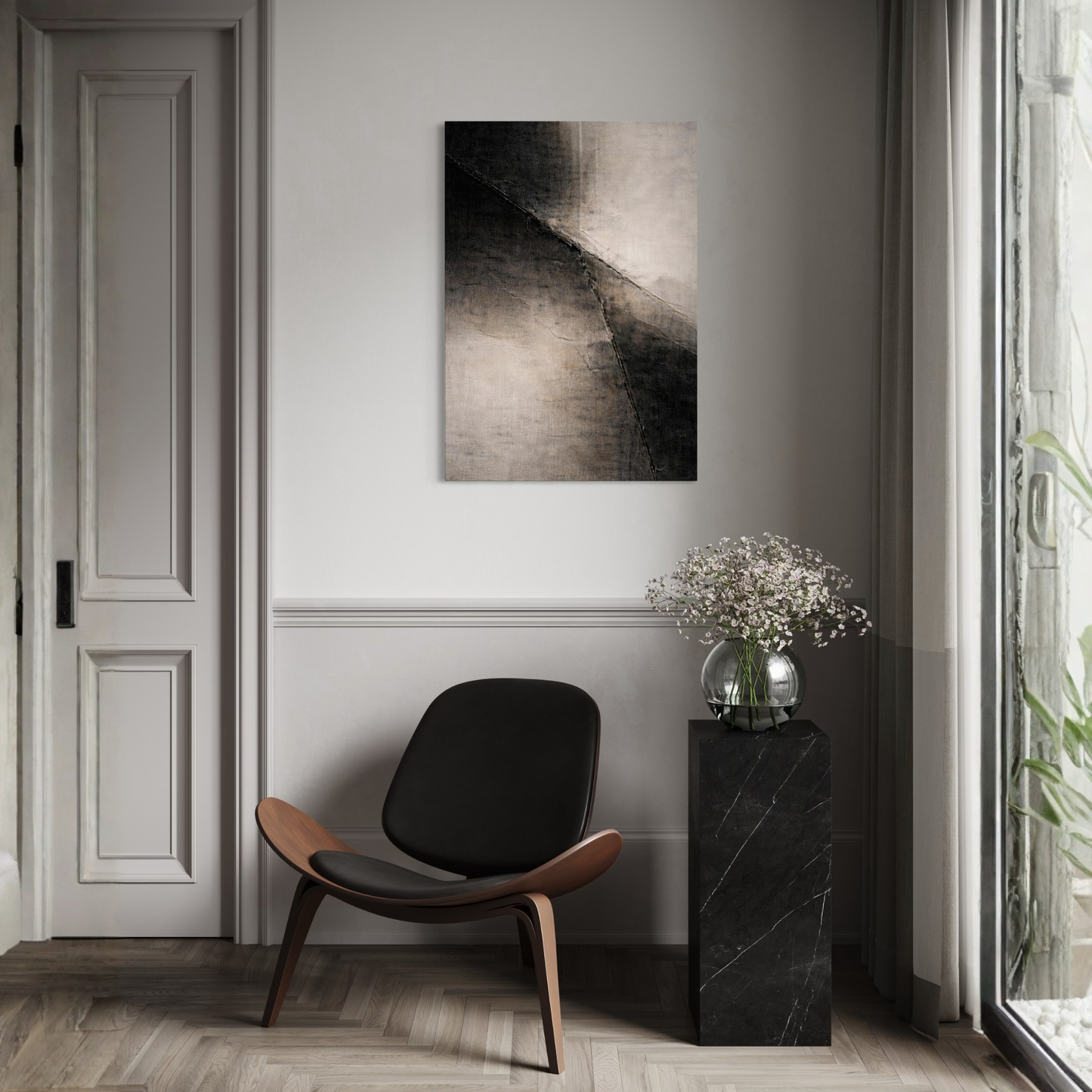 Diagonal displacement canvas art titled Divide II by LunarHeartCo featuring abstract geometric design in neutral tones.