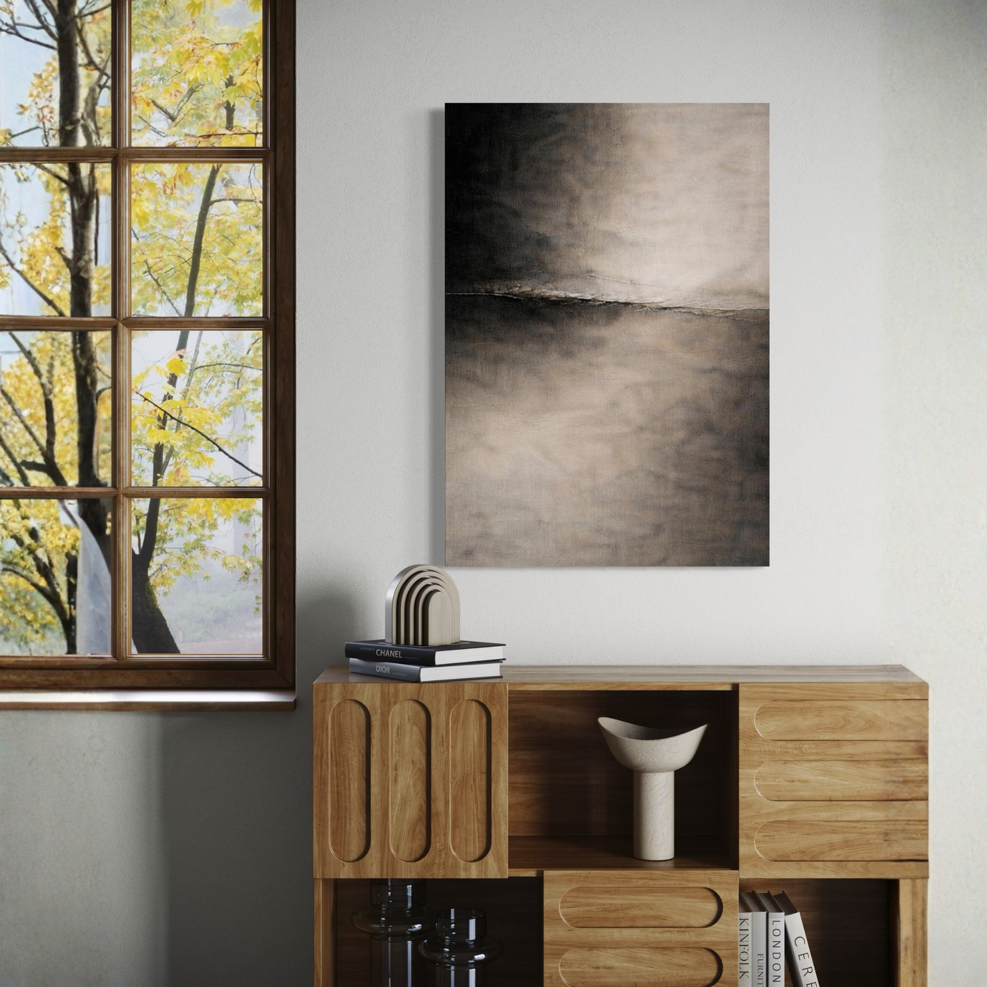 Horizontal convergence canvas art titled DIVIDE III by LunarHeartCo featuring abstract, geometric design on a neutral background.