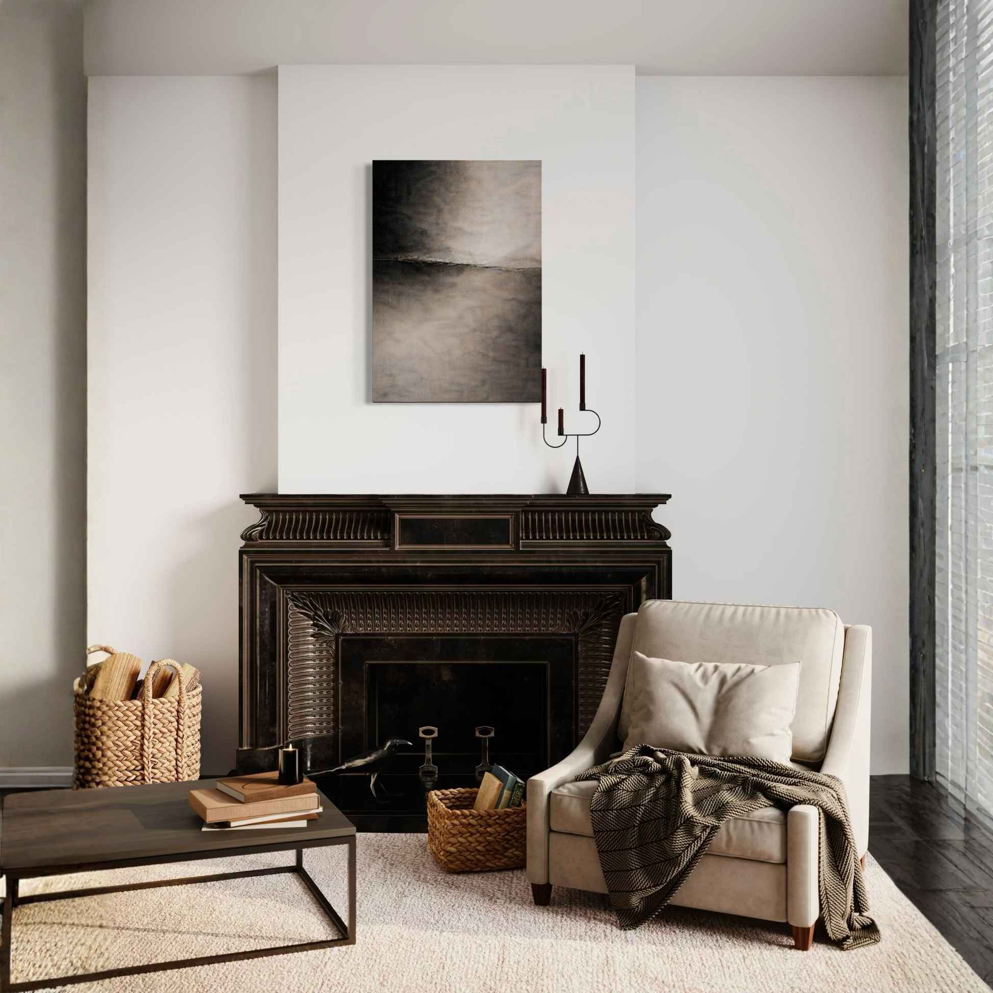 LunarHeartCo Divide III horizontal convergence canvas art with abstract geometric design in neutral tones.
