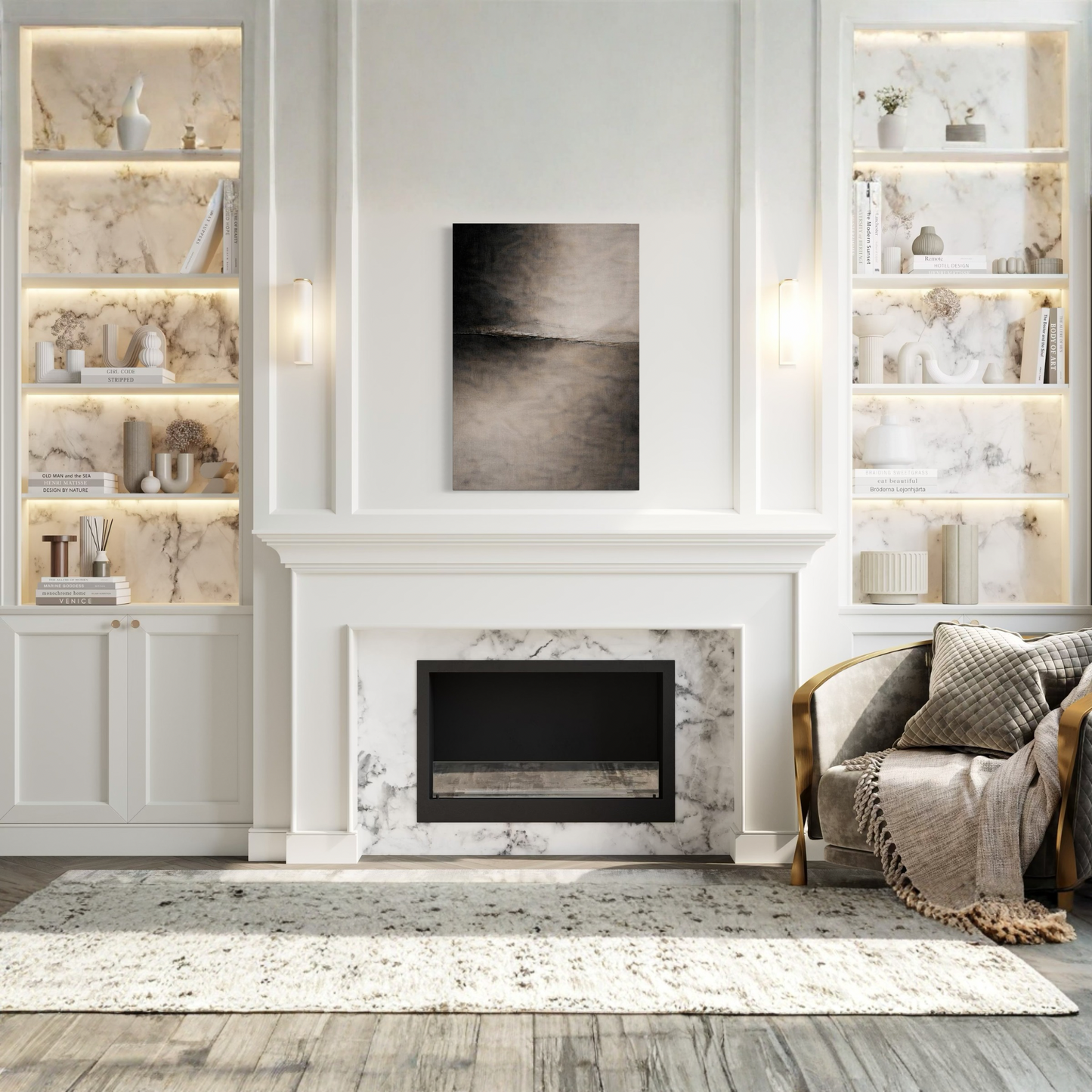 Horizontal convergence canvas art by LunarHeartCo from the Divide III series, featuring abstract geometric design in neutral tones.