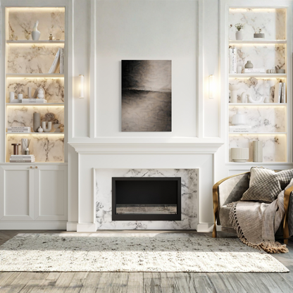 Horizontal convergence canvas art by LunarHeartCo from the Divide III series, featuring abstract geometric design in neutral tones.
