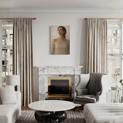 Vertical figurative canvas art titled ASCENT I by LunarHeartCo, featuring abstract human figures on a textured surface.