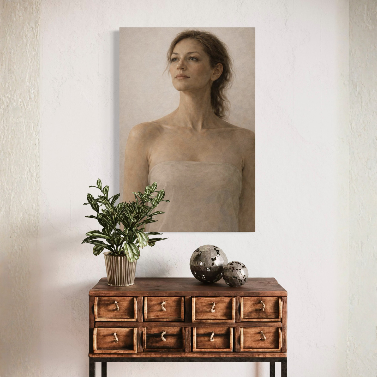 Vertical composition of ASCENT I figurative canvas art by LunarHeartCo, featuring abstract human figures on a textured canvas background.