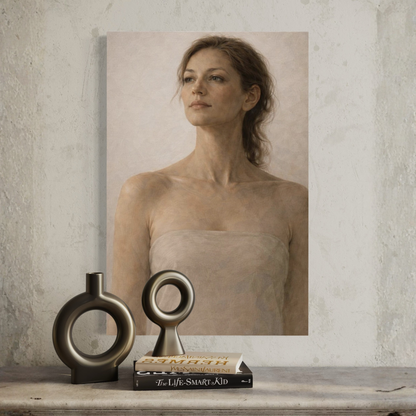 LunarHeartCo ASCENT I figurative canvas art with vertical composition, featuring abstract human figure on a textured canvas background.