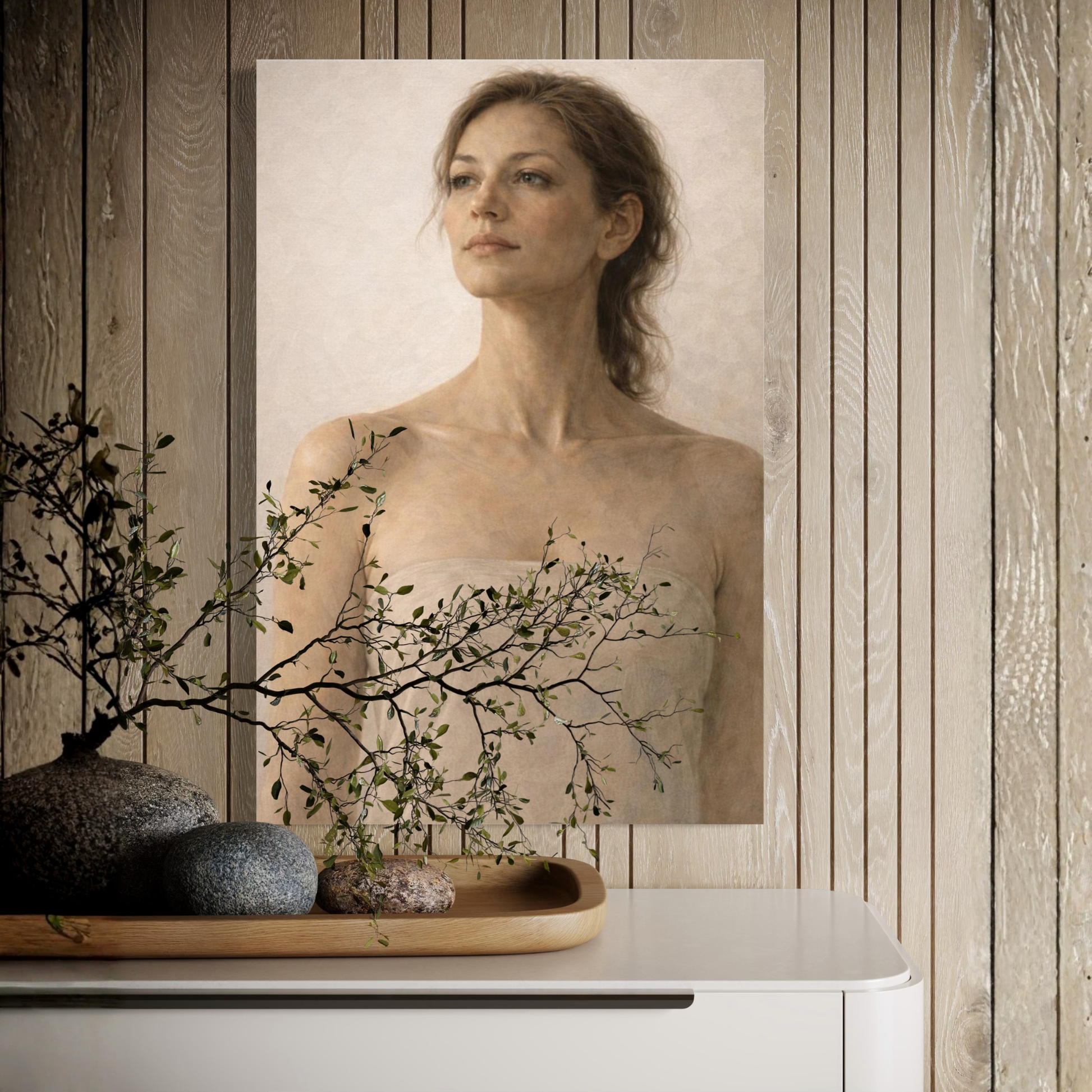 Vertical figurative canvas art by LunarHeartCo, featuring abstract human figures on a textured canvas.