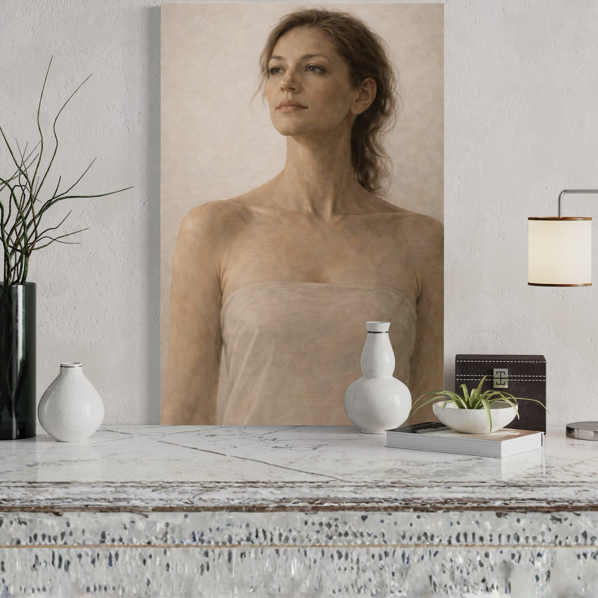 Vertical figurative canvas art by LunarHeartCo, featuring abstract human forms on a textured canvas surface.