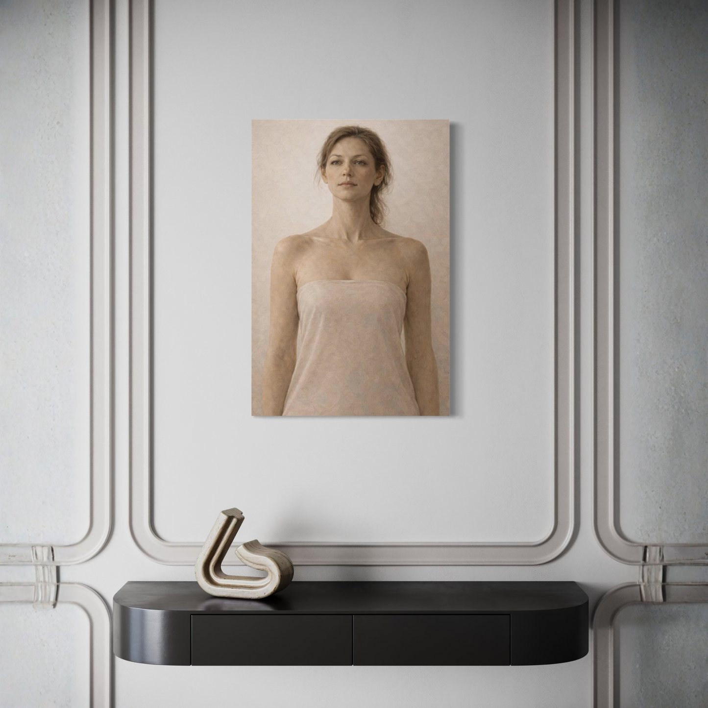 Vertical canvas art titled ASCENT II by LunarHeartCo featuring abstract figurative design on a textured canvas.