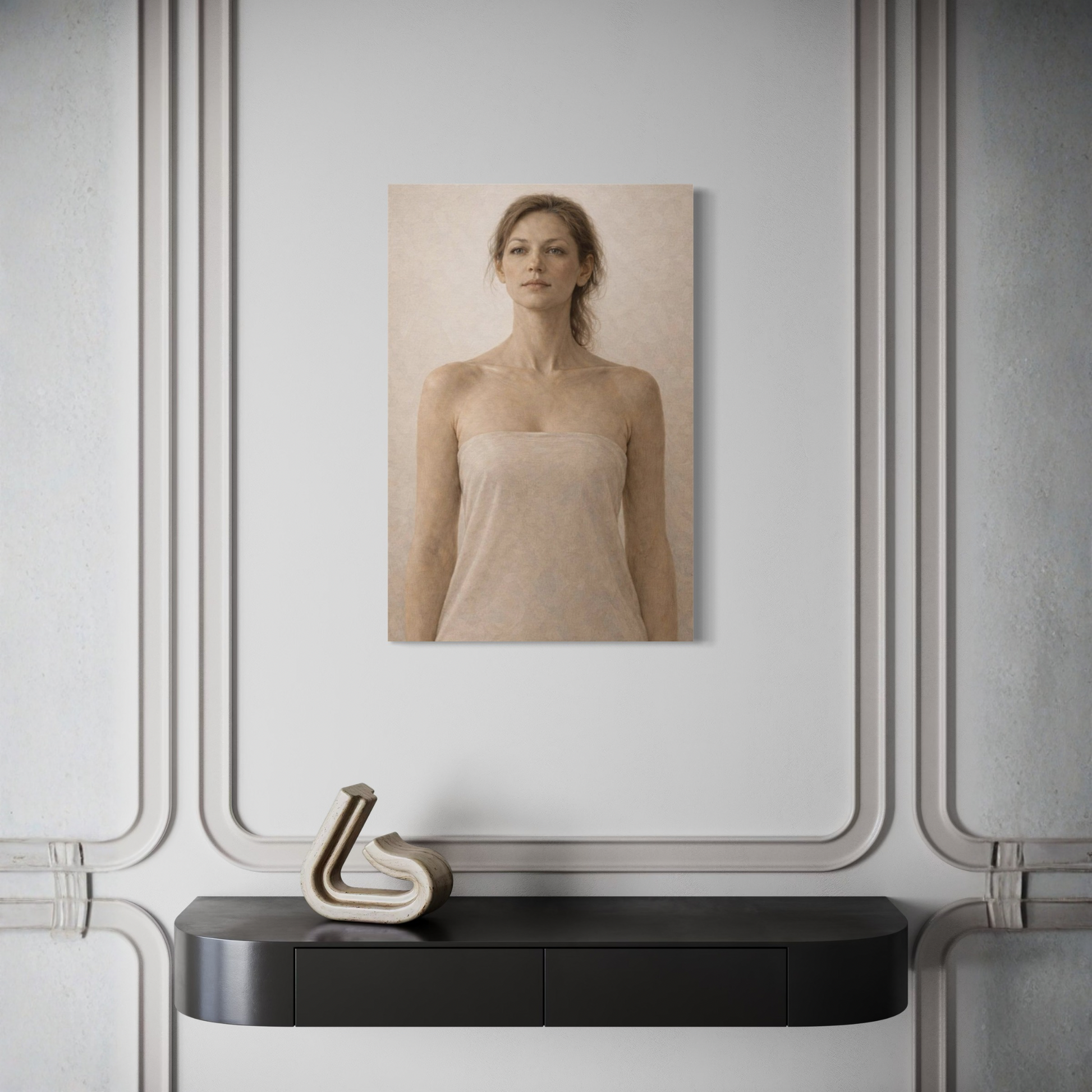 Vertical canvas art titled ASCENT II by LunarHeartCo featuring abstract figurative design on a textured canvas.