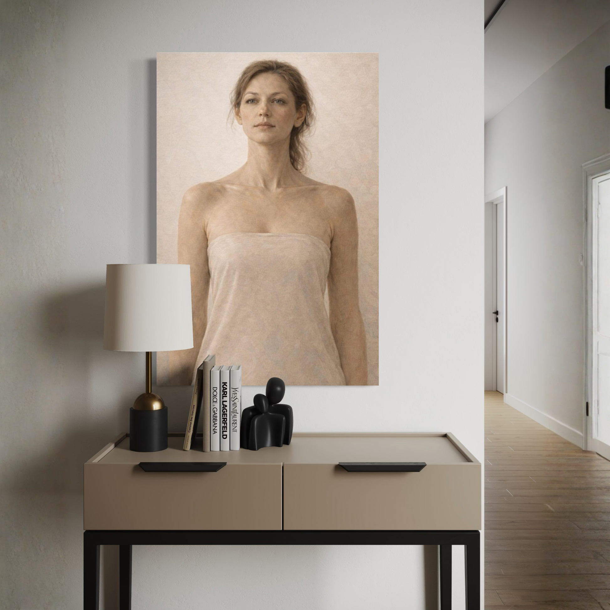 Vertical canvas art titled ASCENT II by LunarHeartCo featuring a vibrant, abstract figurative composition on a textured canvas.