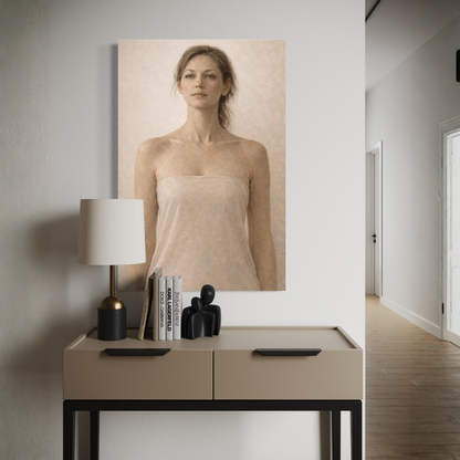 Vertical canvas art titled ASCENT II by LunarHeartCo featuring a vibrant, abstract figurative composition on a textured canvas.