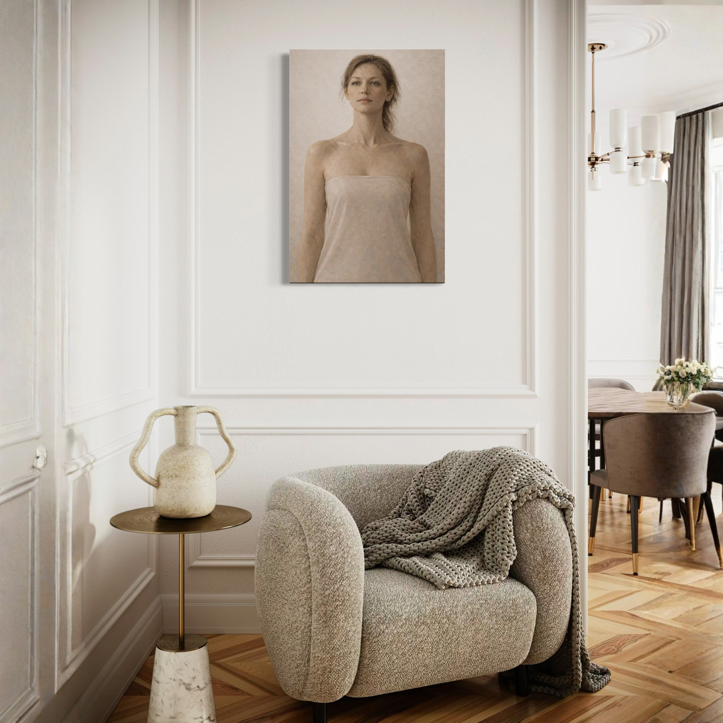 Vertical canvas art titled ASCENT II by LunarHeartCo, featuring a colorful figurative abstract design on a textured canvas.