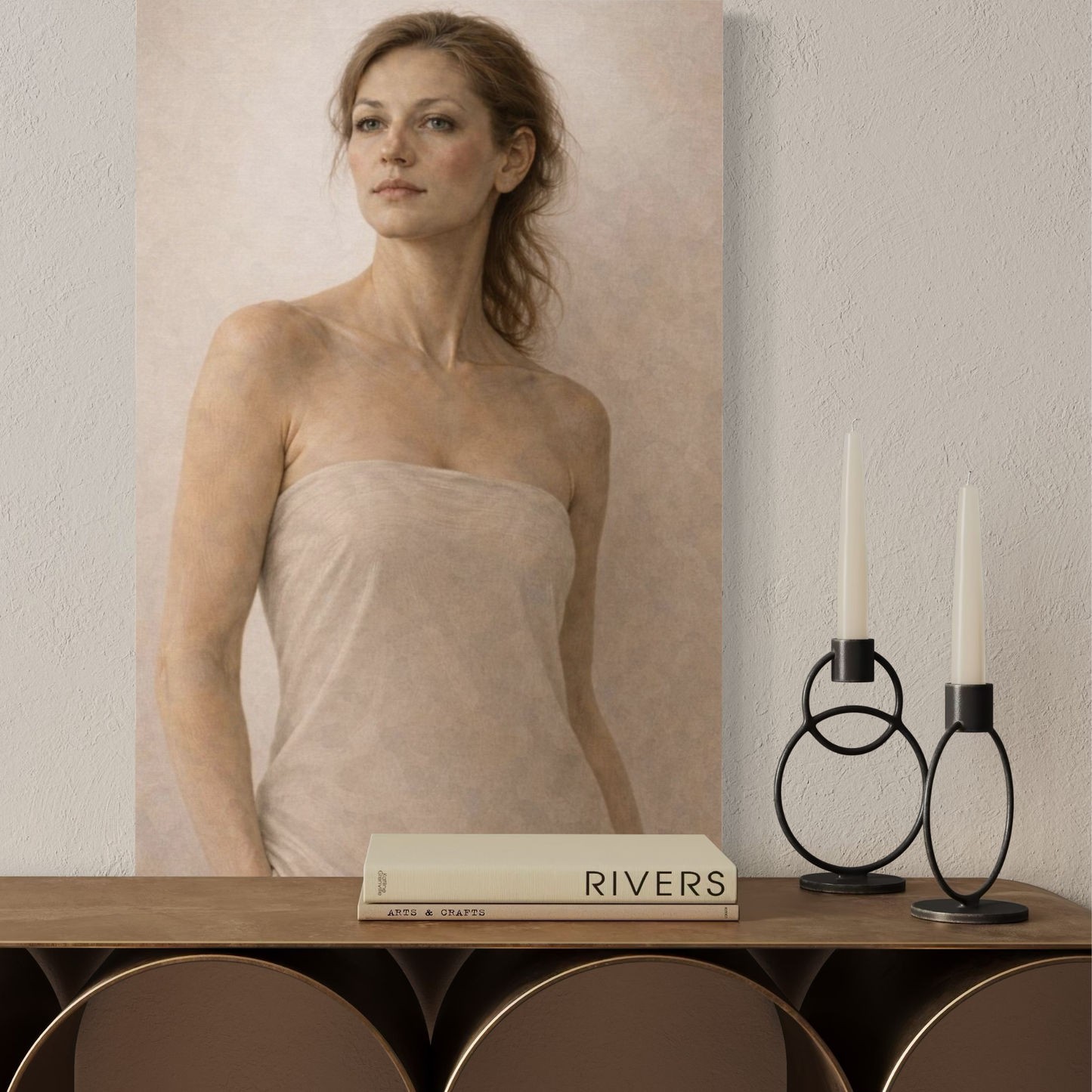 Vertical canvas art titled ASCENT III by LunarHeartCo featuring abstract figurative artwork on a textured canvas.