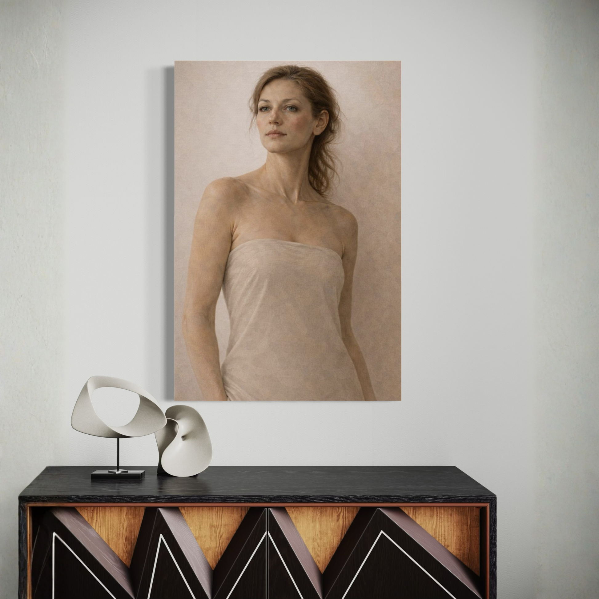 Vertical canvas art titled ASCENT III by LunarHeartCo, featuring a figurative abstract design on a textured canvas.
