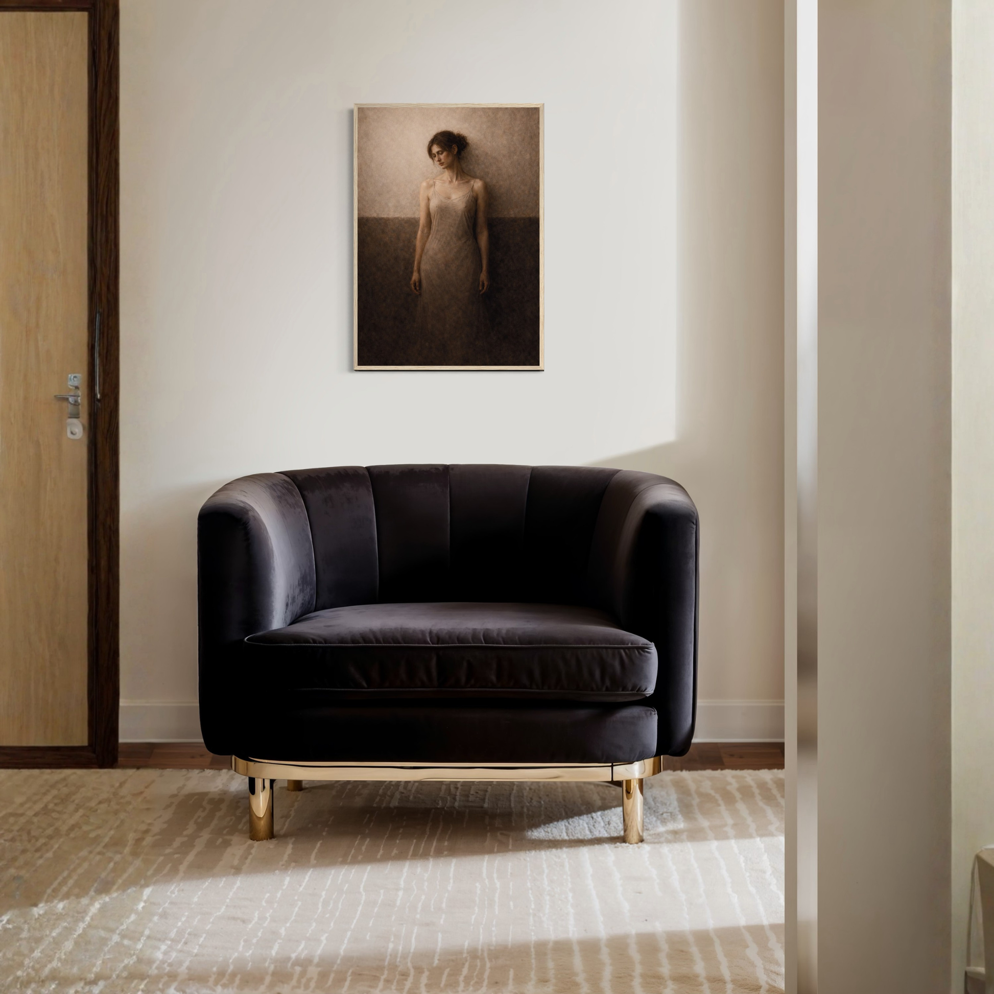 Framed art print titled WITHIN II — Descent by LunarHeartCo featuring abstract, earthy-toned artwork in a sleek black frame.