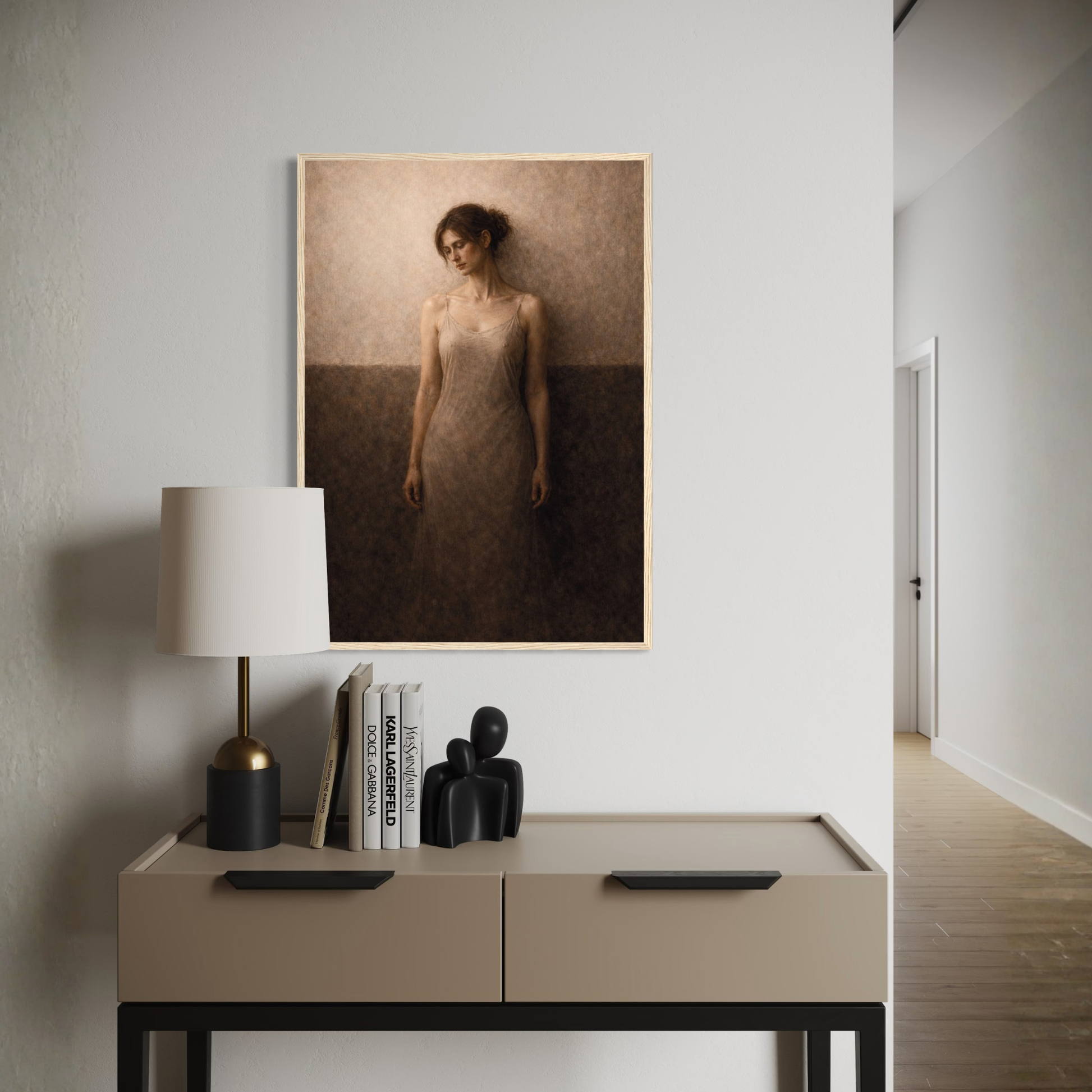 Framed art print titled WITHIN II — Descent by LunarHeartCo, featuring abstract, moody artwork in a sleek frame.