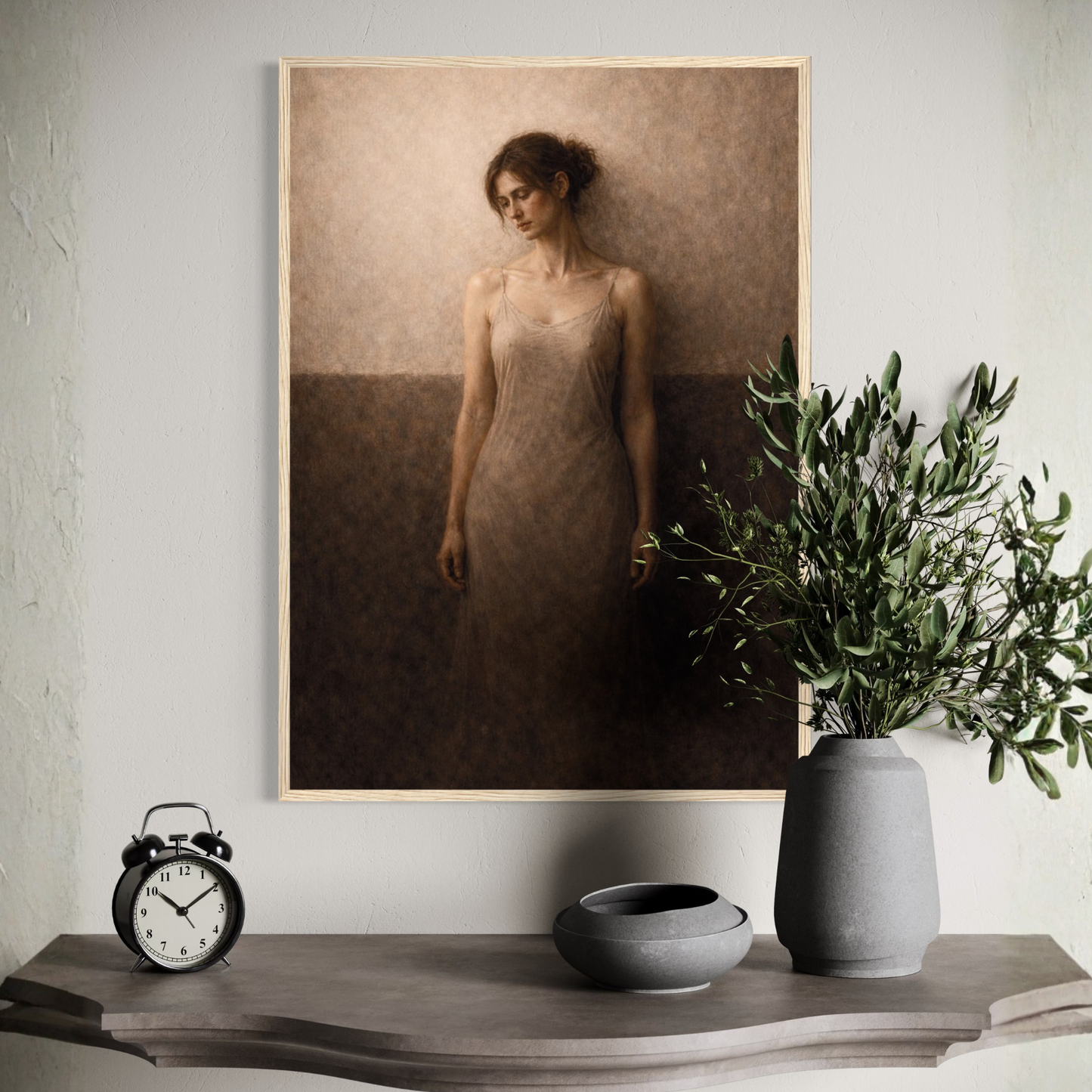 Framed art print titled WITHIN II — Descent by LunarHeartCo featuring abstract, atmospheric artwork with muted tones in a sleek frame.