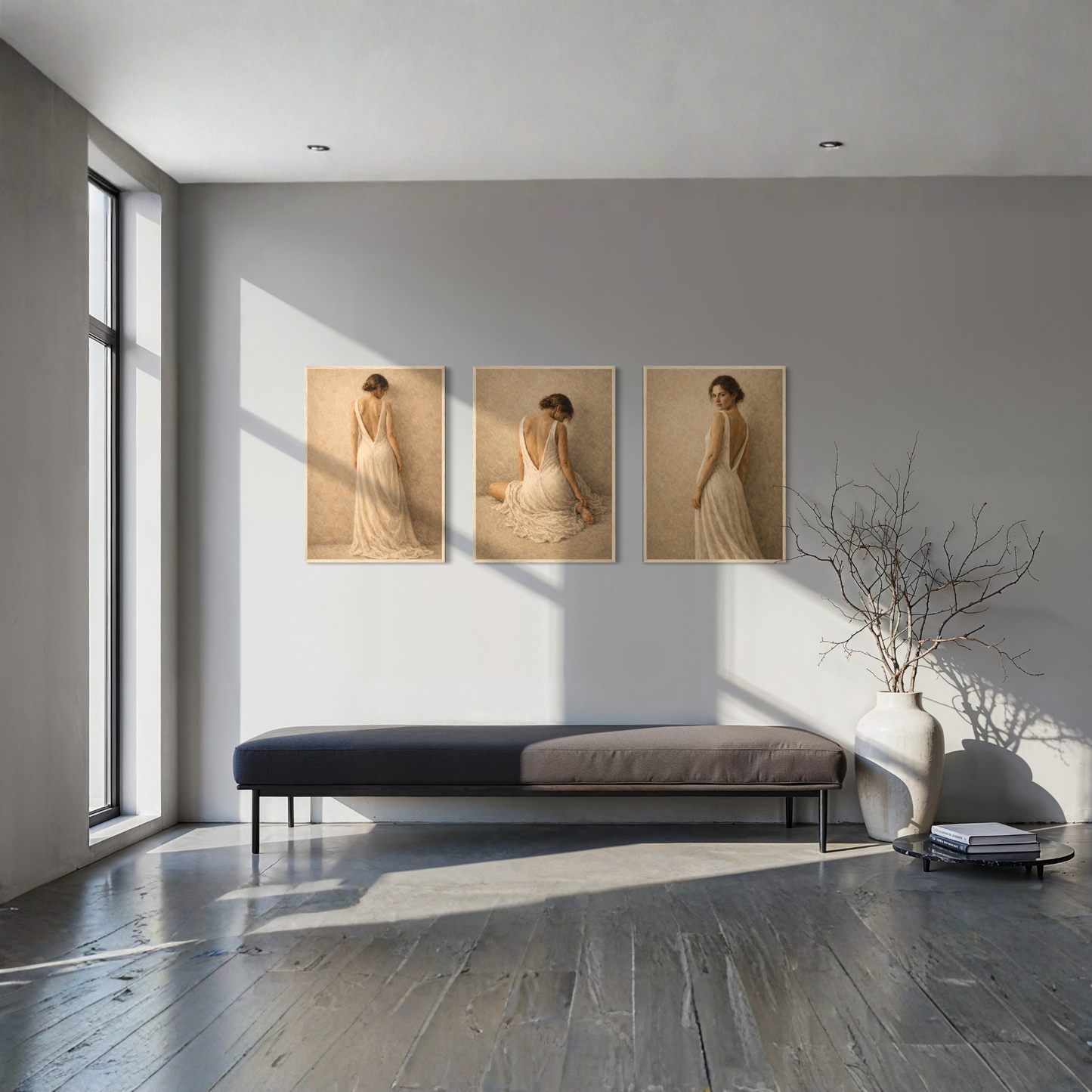 Framed art print titled Stillness Held, part of LunarHeartCo's 3-piece series, featuring serene abstract design in a sleek frame.