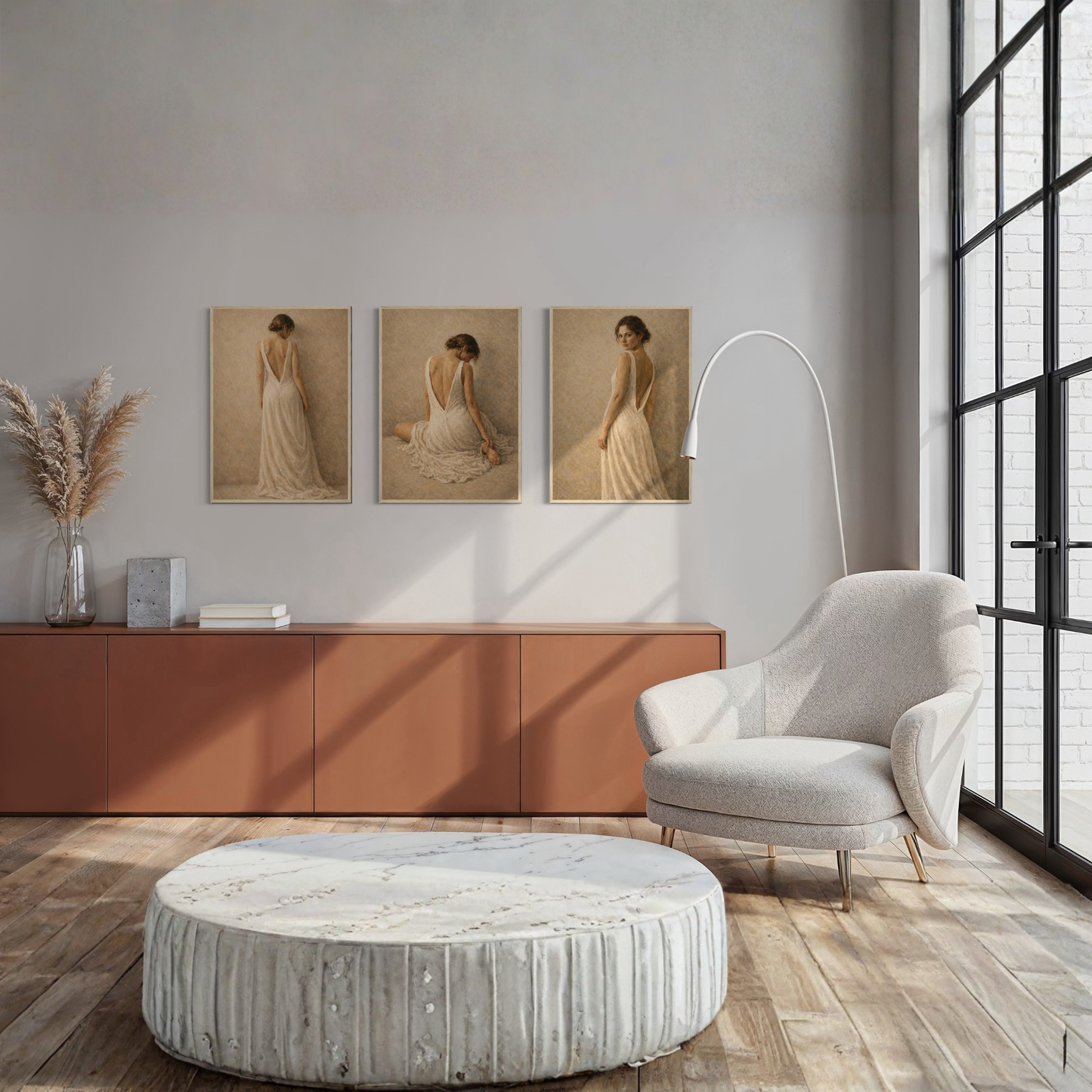 Framed art print titled Stillness Held, a 3-piece series by LunarHeartCo featuring serene, abstract artwork on white backgrounds.
