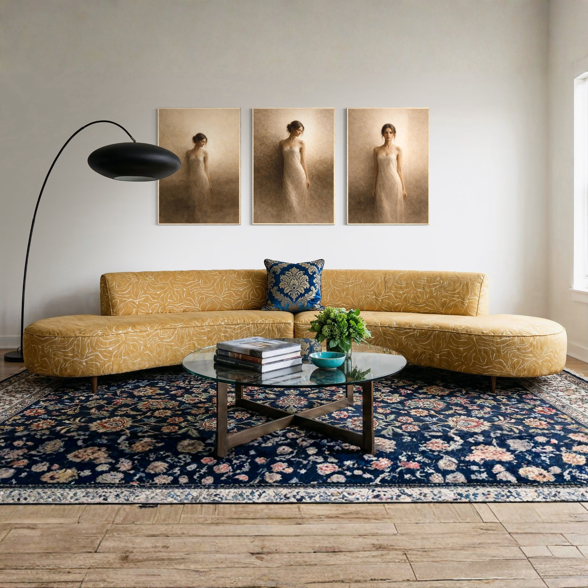 LunarHeartCo framed art set featuring three interconnected abstract pieces from the Threshold series, with vibrant colors and modern design.