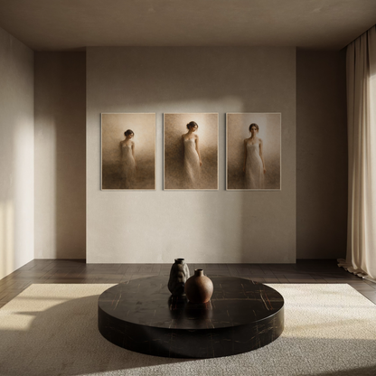 LunarHeartCo framed art from the Threshold three-piece series displayed in a modern living room setting.
