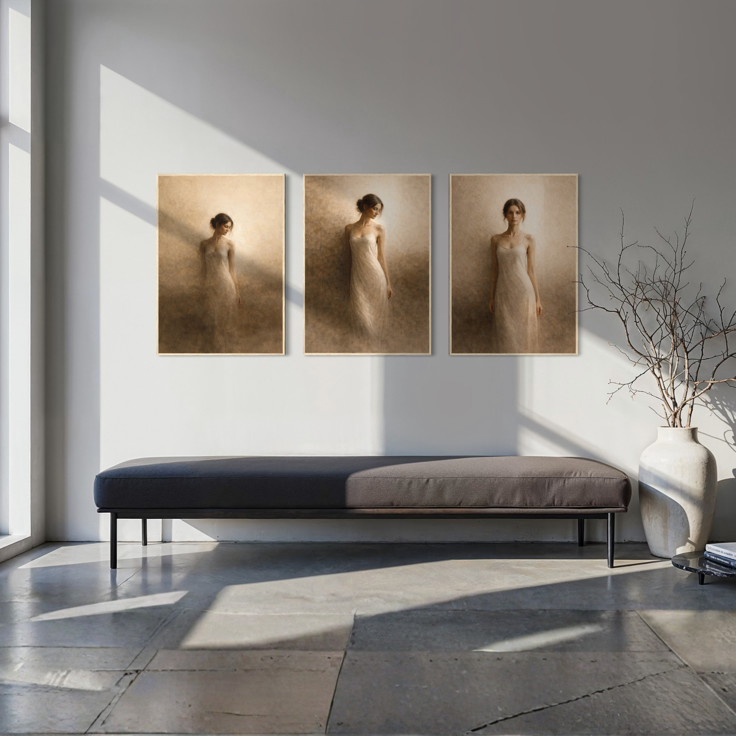 LunarHeartCo framed art set, three-piece series titled Threshold, featuring abstract designs on neutral-toned backgrounds.