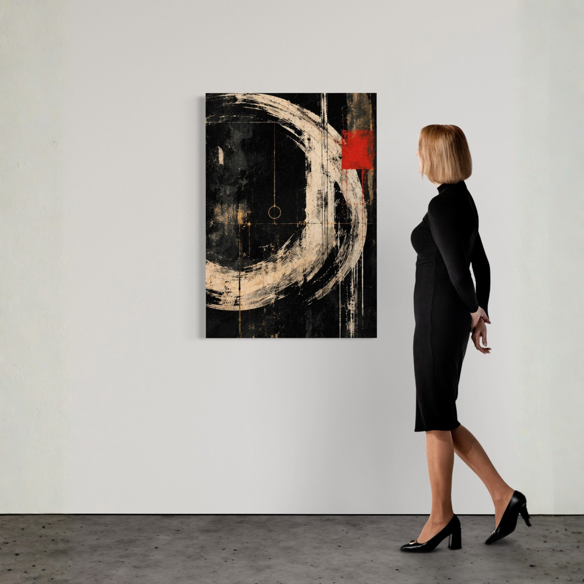 Orbit abstract canvas art styled as statement wall art in a modern living space.