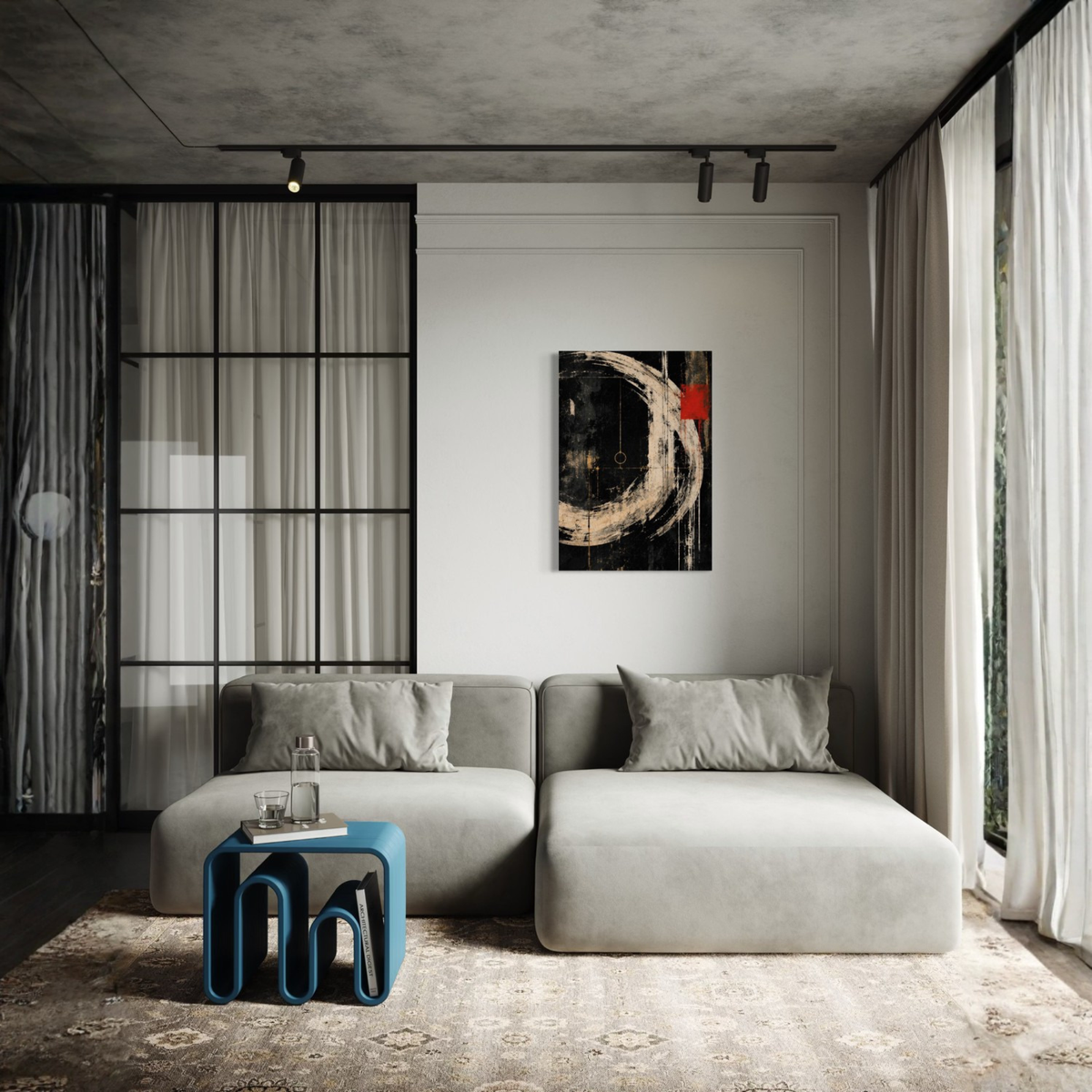 Orbit statement canvas art displayed in a bright contemporary interior.