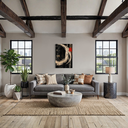 Orbit black, ivory and red abstract canvas art styled in a modern interior setting.